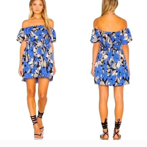 Free people Louise smocked off shoulder floral mini dress women Blue XS/TP fairy - Picture 10 of 10